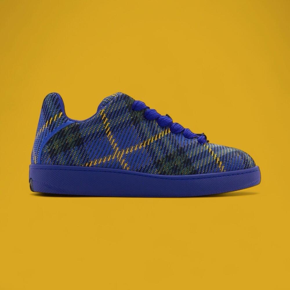 NIB BURBERRY BOX NAVY BLUE CHECK CANVAS LOGO PLATFORM SNEAKERS 11 US 44 ITALY - Picture 2 of 16